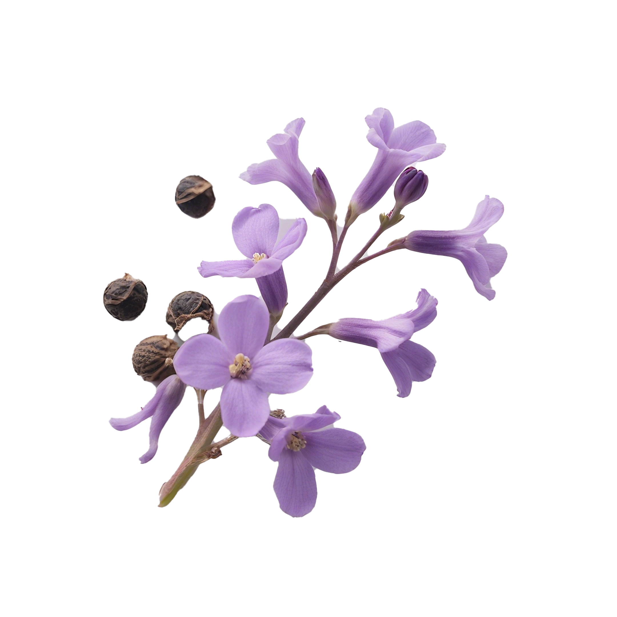 Branch of purple flowers Bakuchiol with black seed pods on a white background