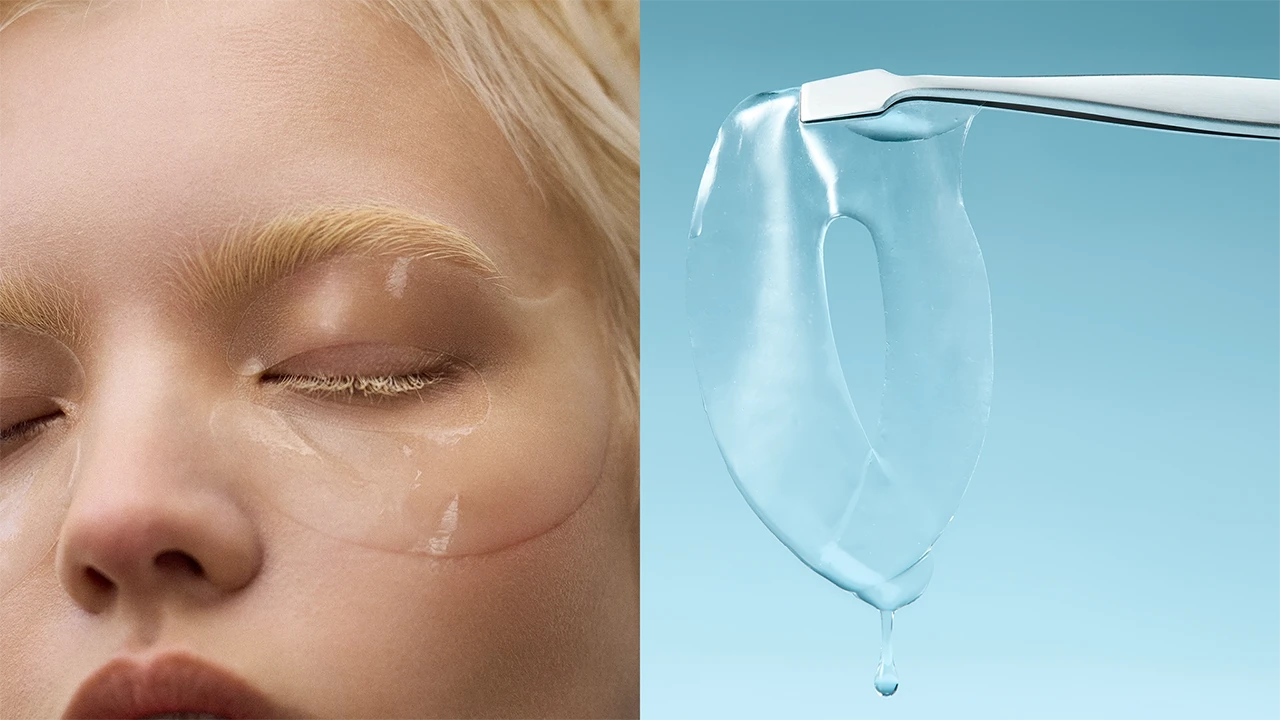 Split image: person with In My Eyes eye patches (eye mask) on left, tweezer-held patch with essence on right, for sensitive dry eyes.